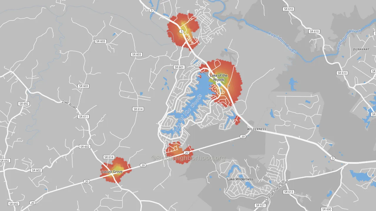 Walk Grade map of Locust Grove, VA, walkable areas in green and car-dependent areas in red