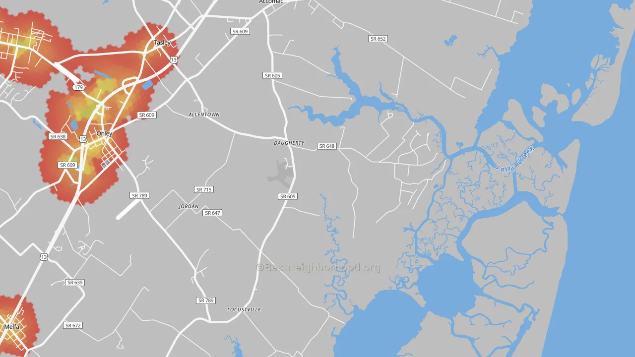 Walk Grade map of Locustville, VA, walkable areas in green and car-dependent areas in red