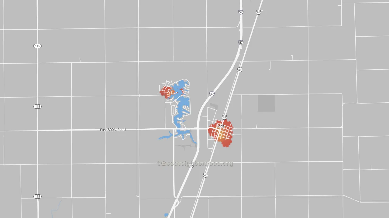 Walk Grade map of Loda, IL, walkable areas in green and car-dependent areas in red