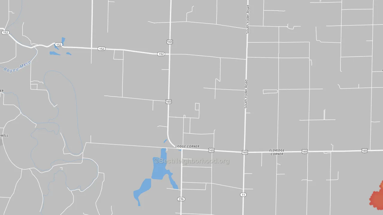 Walk Grade map of Lodge Corner, AR, walkable areas in green and car-dependent areas in red