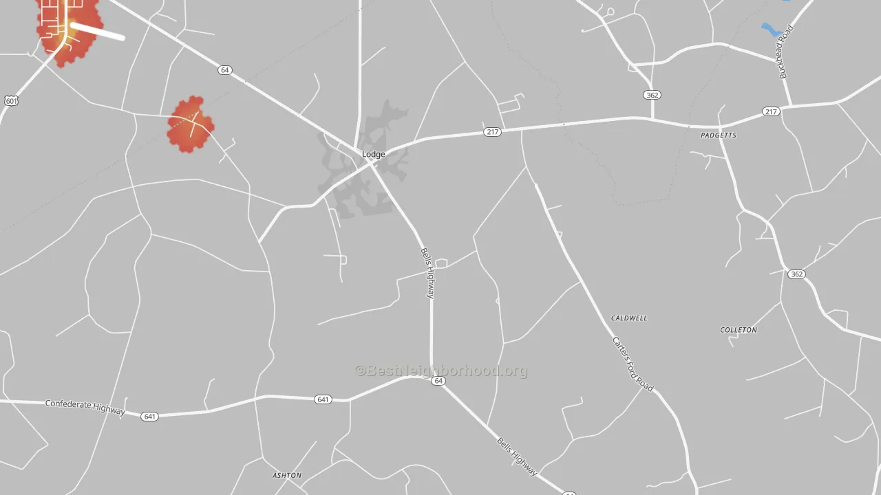Walk Grade map of Lodge, SC, walkable areas in green and car-dependent areas in red