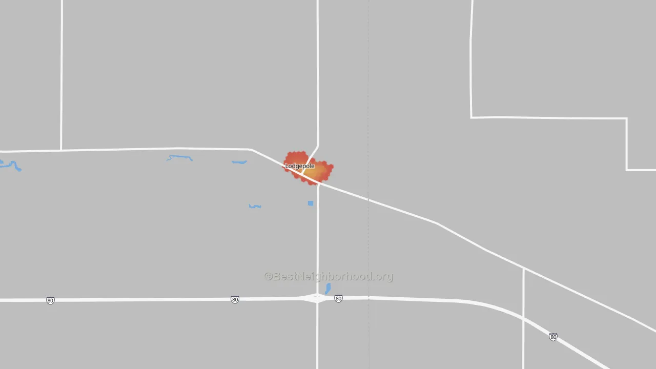 Walk Grade map of Lodgepole, NE, walkable areas in green and car-dependent areas in red
