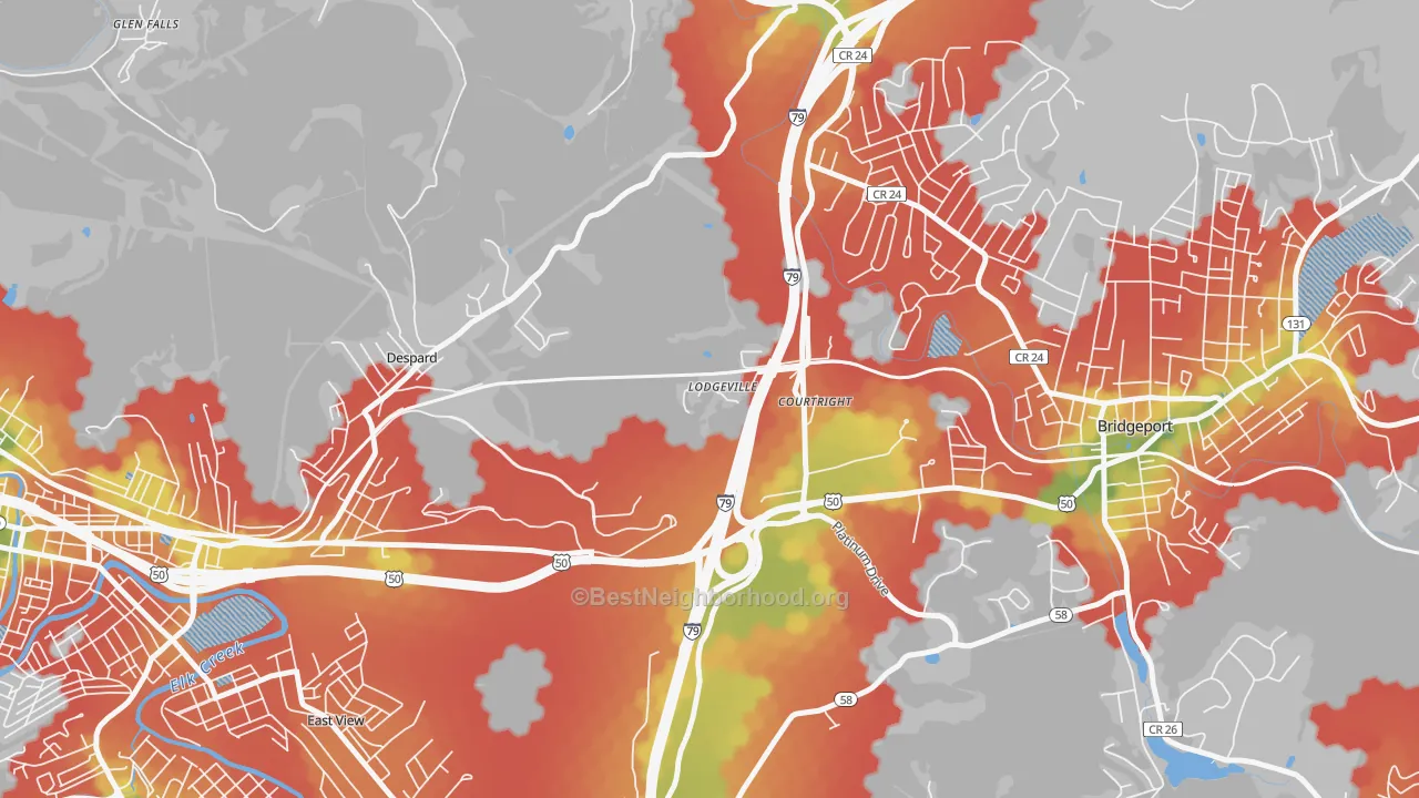 Walk Grade map of Lodgeville, WV, walkable areas in green and car-dependent areas in red