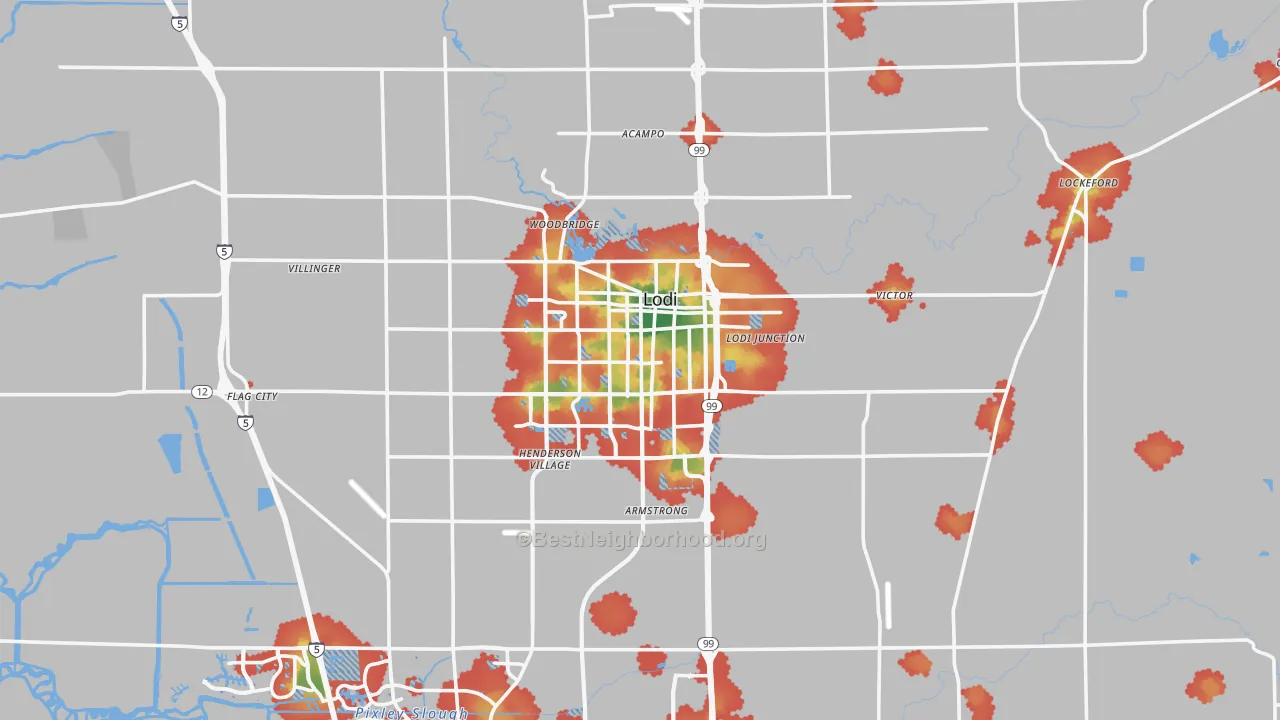 Walk Grade map of Lodi, CA, walkable areas in green and car-dependent areas in red
