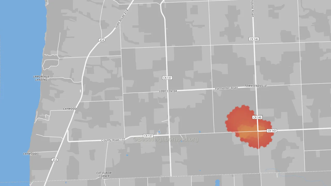 Walk Grade map of Lodi Center, NY, walkable areas in green and car-dependent areas in red