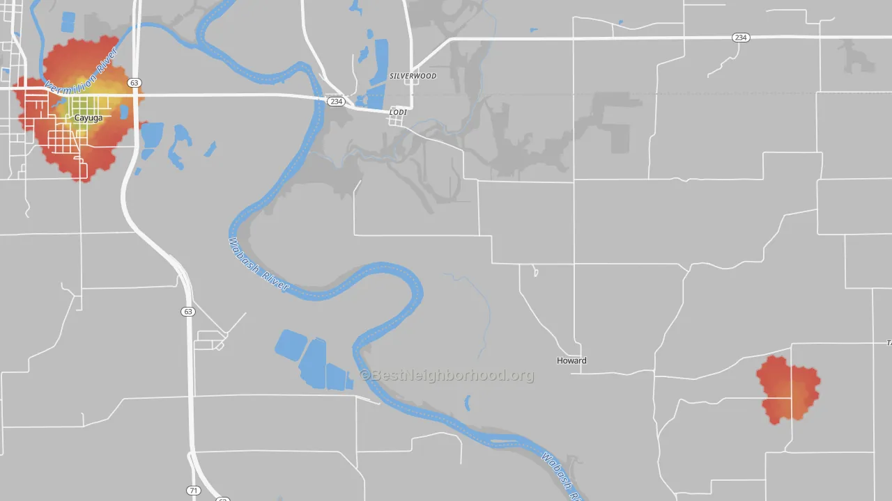 Walk Grade map of Lodi, IN, walkable areas in green and car-dependent areas in red