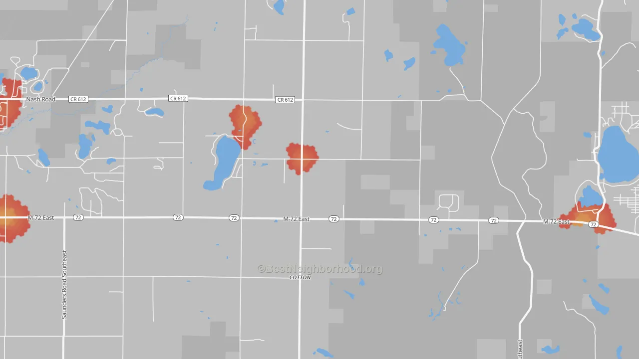 Walk Grade map of Lodi, MI, walkable areas in green and car-dependent areas in red
