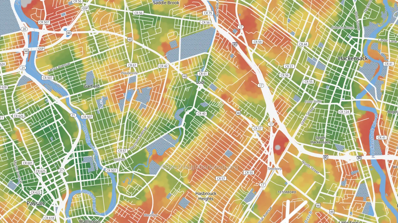 Walk Grade map of Lodi, NJ, walkable areas in green and car-dependent areas in red