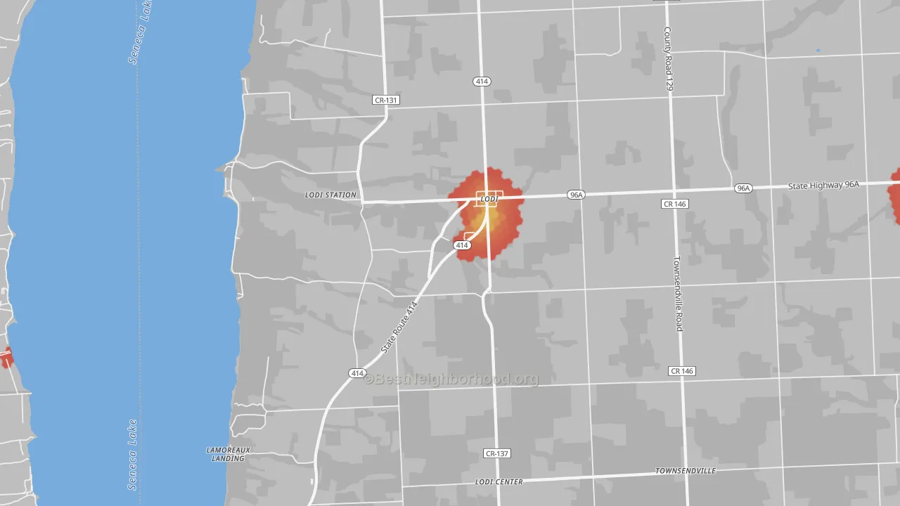 Walk Grade map of Lodi, NY, walkable areas in green and car-dependent areas in red