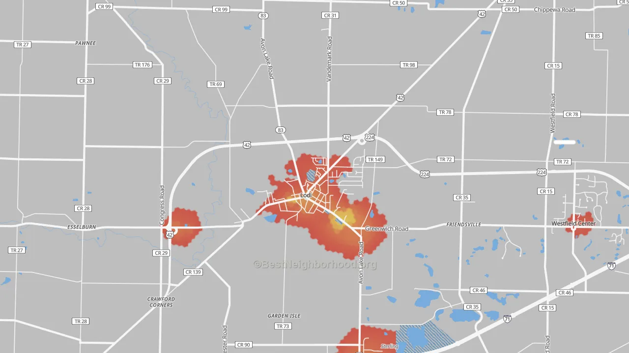 Walk Grade map of Lodi, OH, walkable areas in green and car-dependent areas in red
