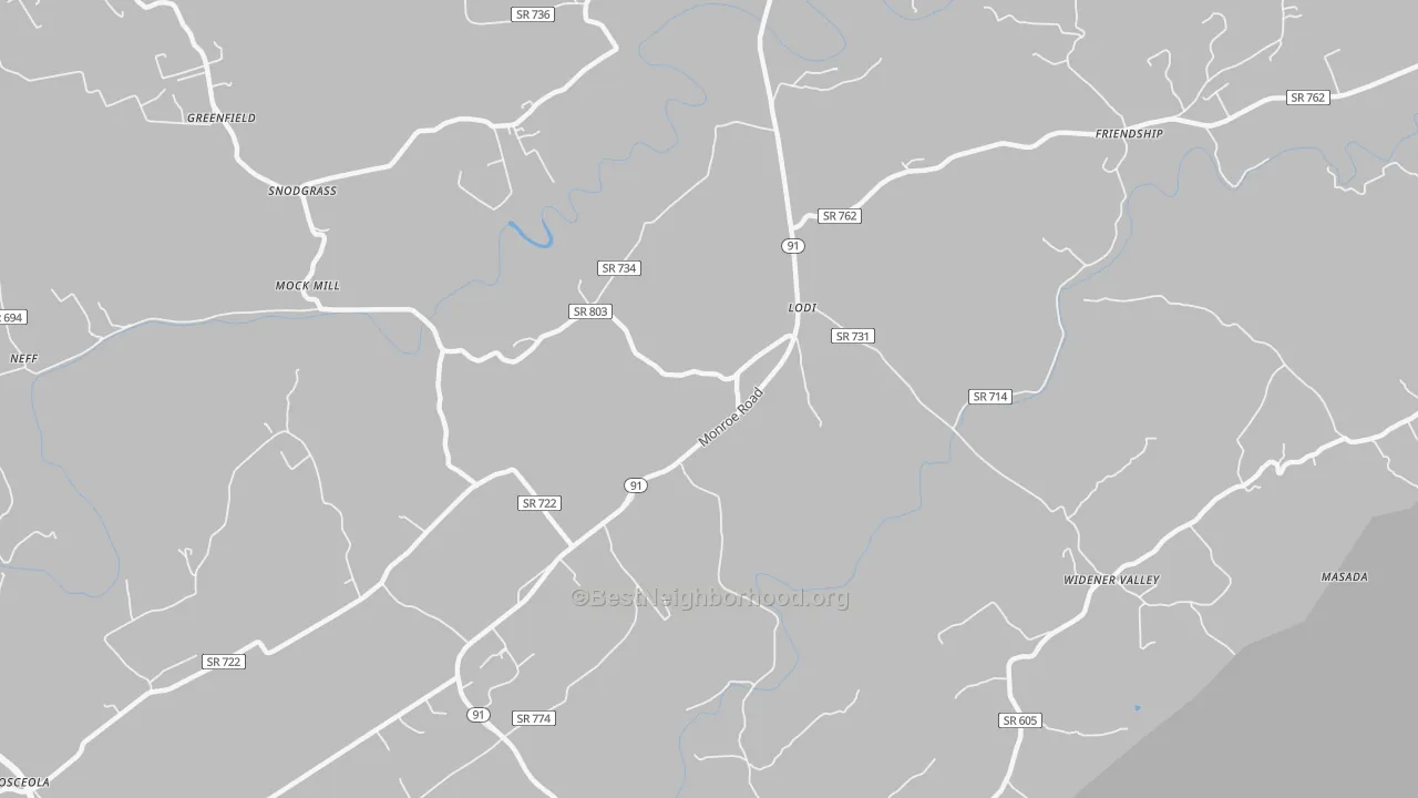 Walk Grade map of Lodi, VA, walkable areas in green and car-dependent areas in red