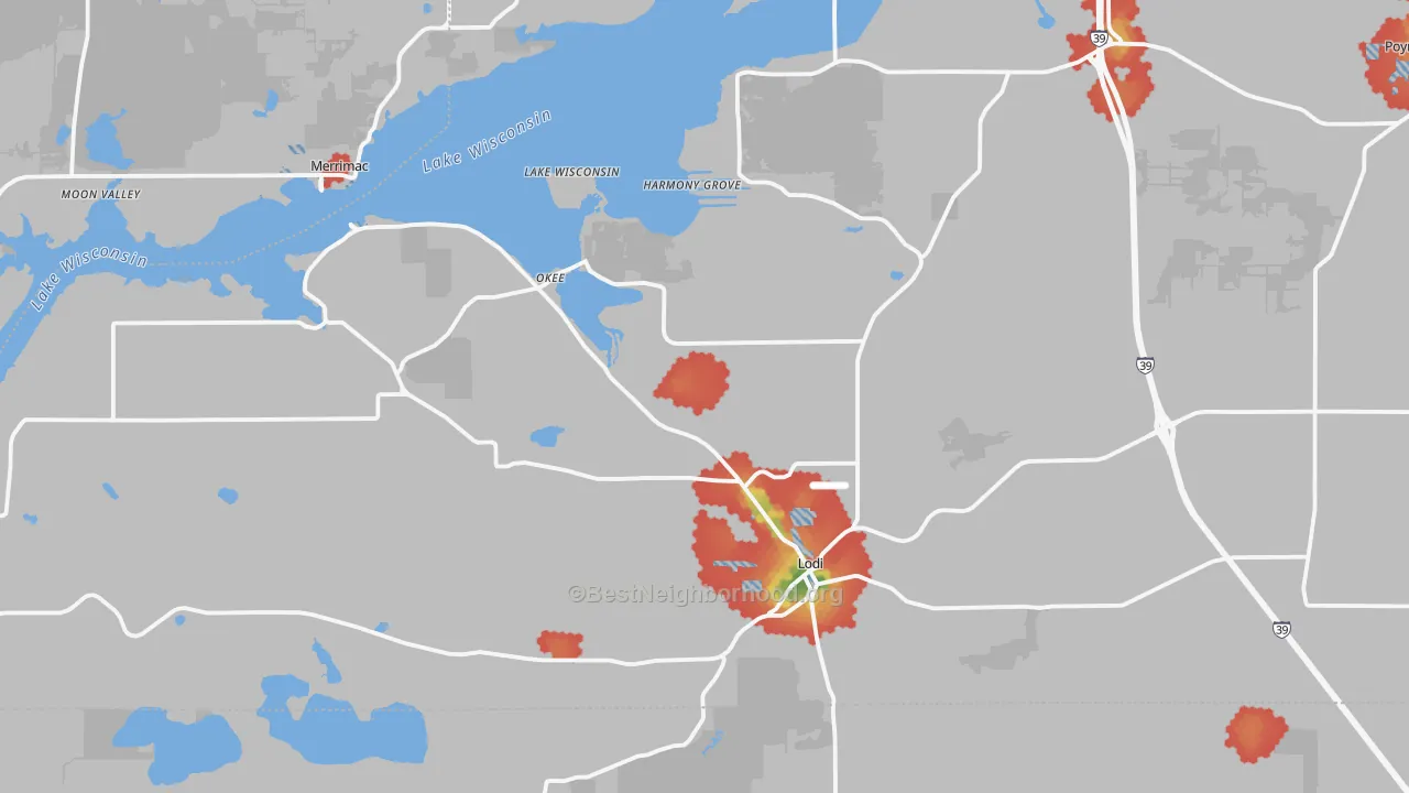Walk Grade map of Lodi, WI, walkable areas in green and car-dependent areas in red