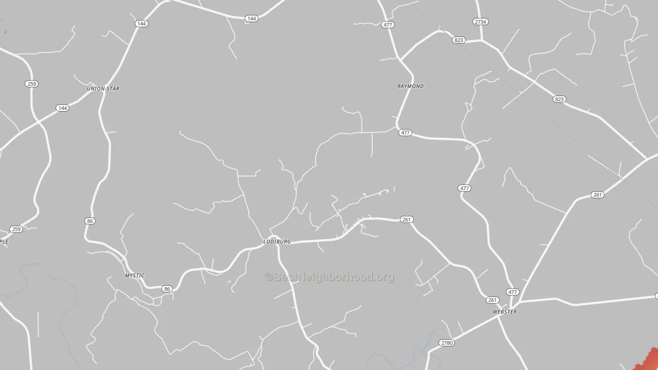 Walk Grade map of Lodiburg, KY, walkable areas in green and car-dependent areas in red