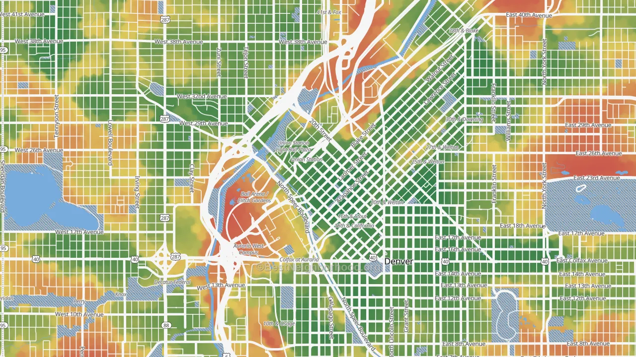 Walk Grade map of Lodo, Denver, CO, walkable areas in green and car-dependent areas in red