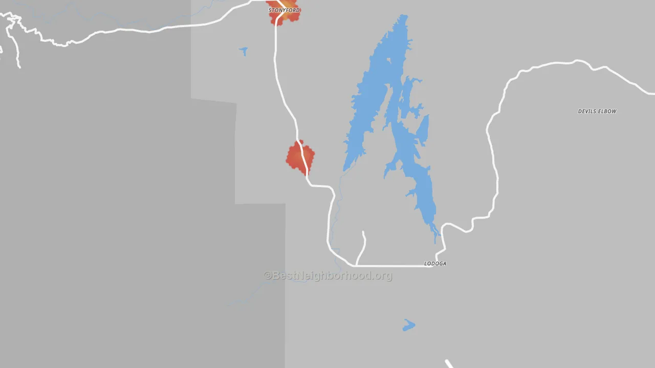 Walk Grade map of Lodoga, CA, walkable areas in green and car-dependent areas in red