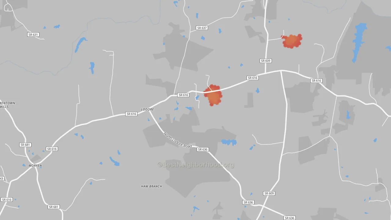 Walk Grade map of Lodore, VA, walkable areas in green and car-dependent areas in red