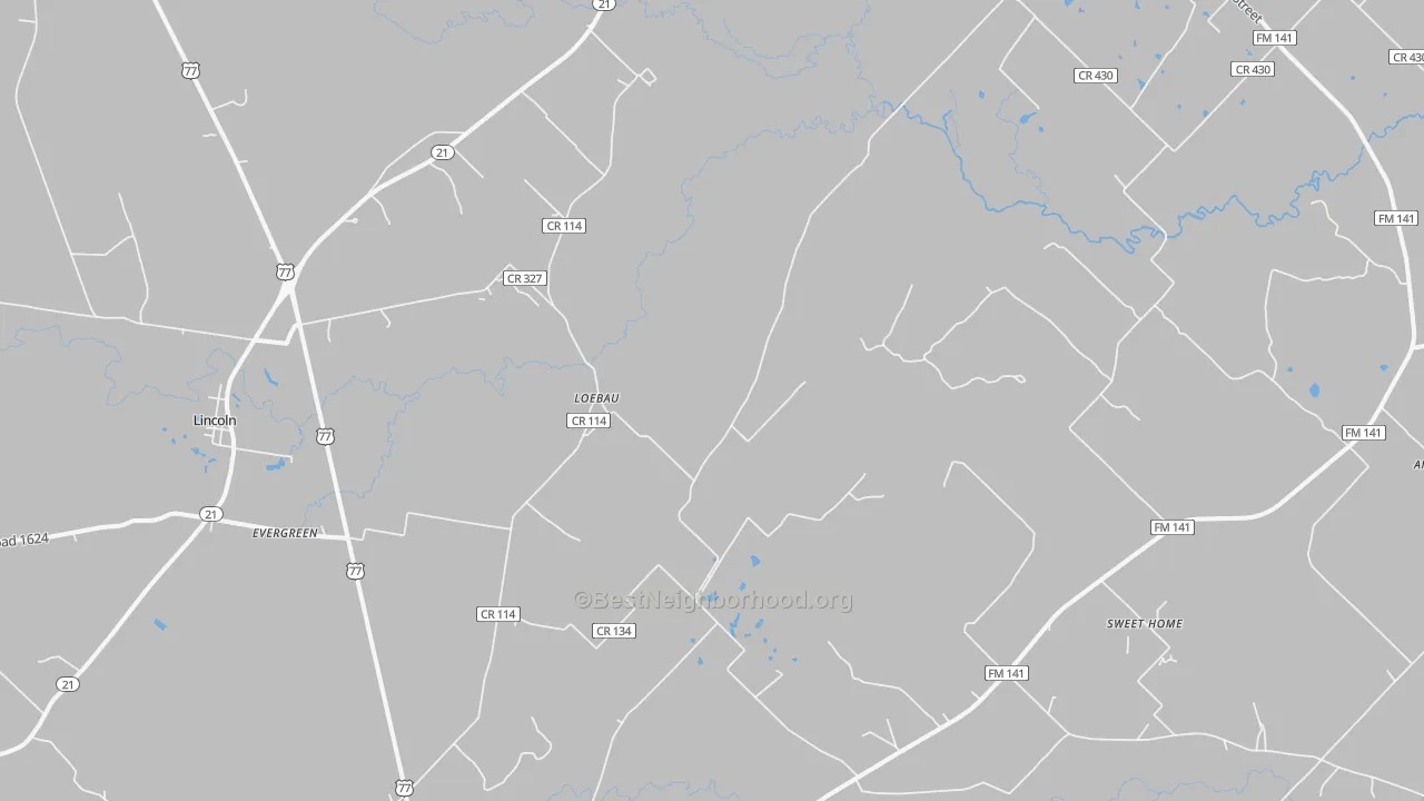 Walk Grade map of Loebau, TX, walkable areas in green and car-dependent areas in red