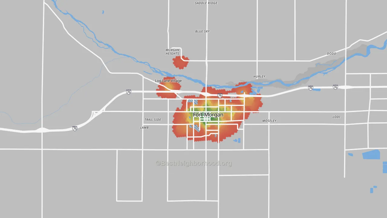 Walk Grade map of Log Lane Village, CO, walkable areas in green and car-dependent areas in red