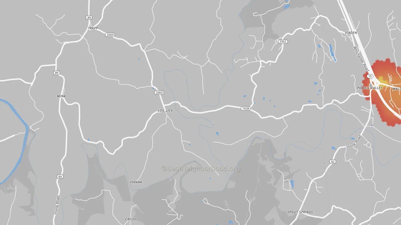 Walk Grade map of Log Lick, KY, walkable areas in green and car-dependent areas in red