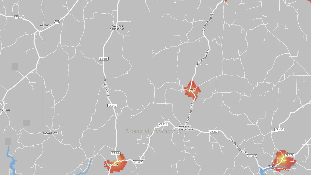 Walk Grade map of Logan, AL, walkable areas in green and car-dependent areas in red