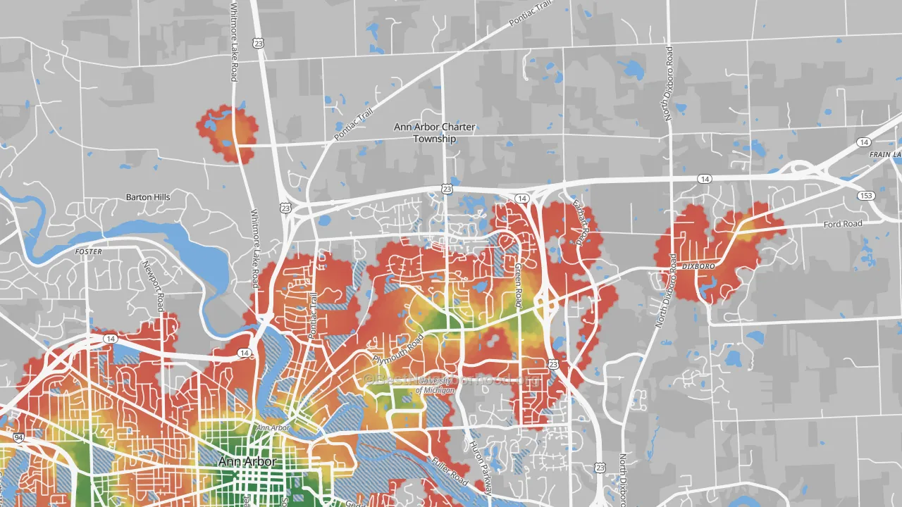 Walk Grade map of Logan, Ann Arbor, MI, walkable areas in green and car-dependent areas in red