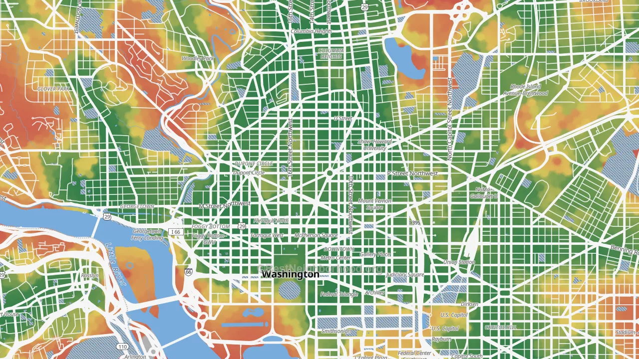 Walk Grade map of Logan Circle, Washington, DC, walkable areas in green and car-dependent areas in red