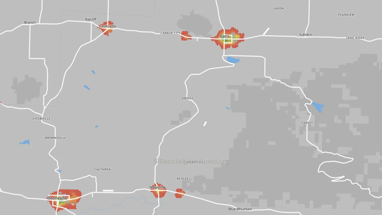 Walk Grade map of Logan County, AR, walkable areas in green and car-dependent areas in red
