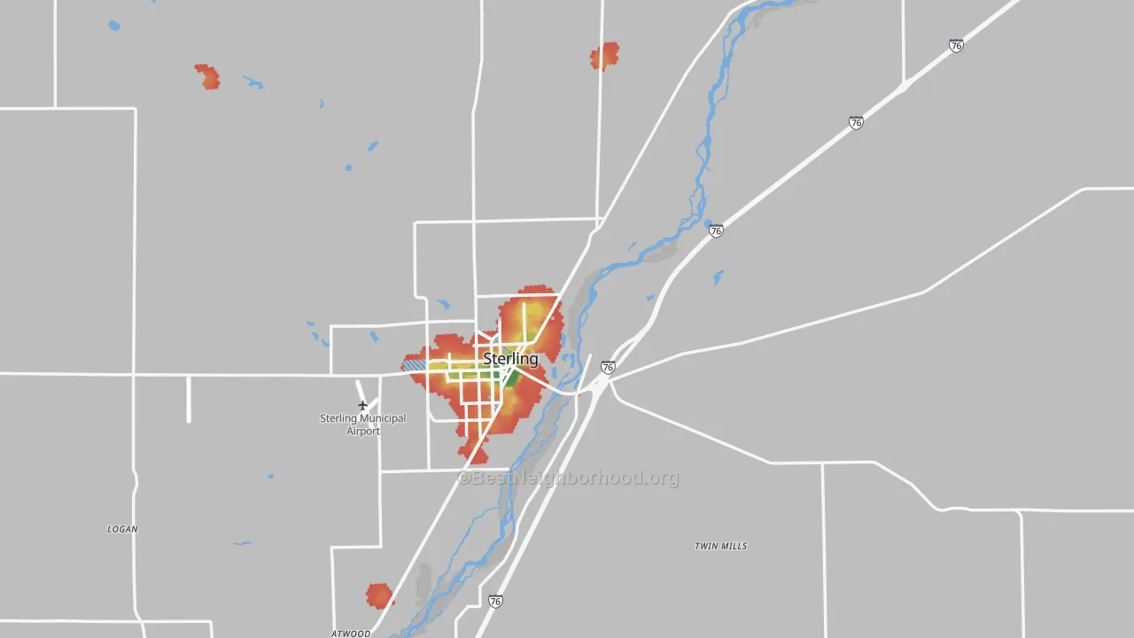 Walk Grade map of Logan County, CO, walkable areas in green and car-dependent areas in red