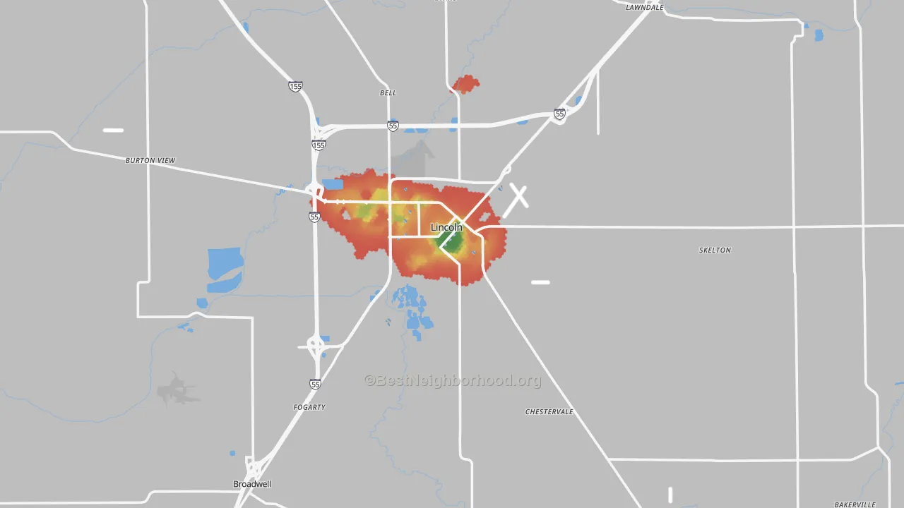 Walk Grade map of Logan County, IL, walkable areas in green and car-dependent areas in red