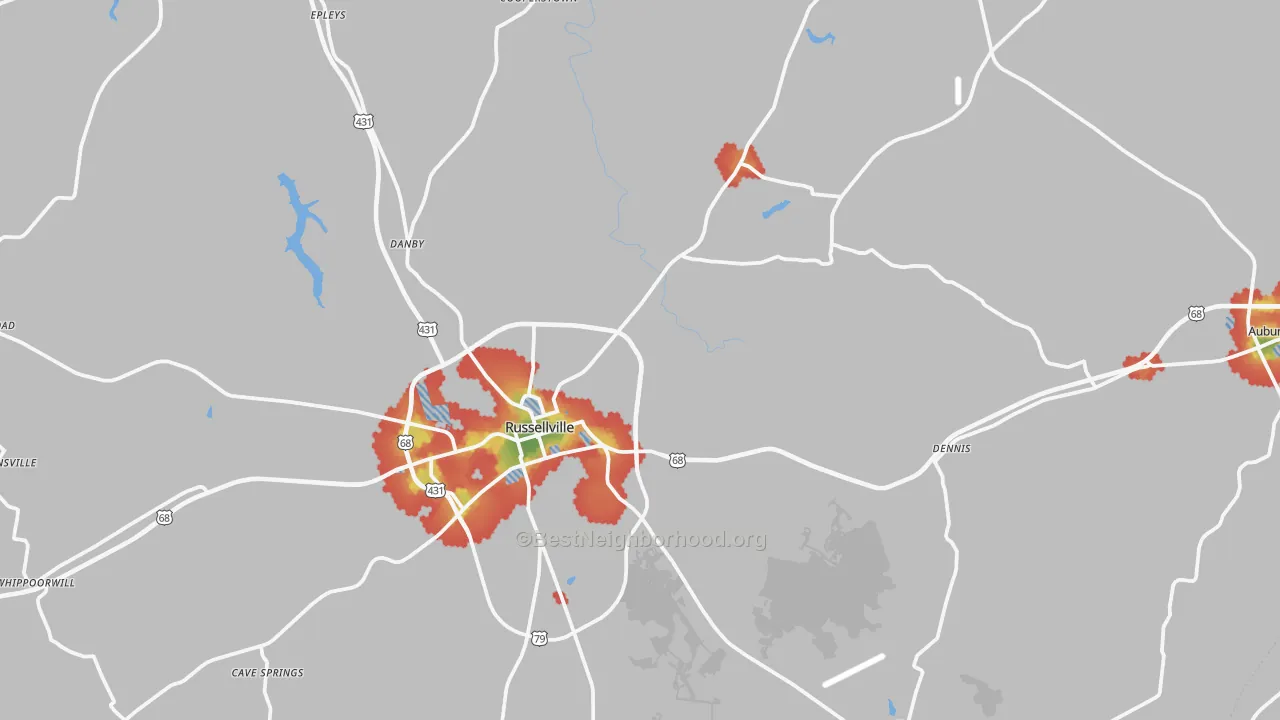 Walk Grade map of Logan County, KY, walkable areas in green and car-dependent areas in red