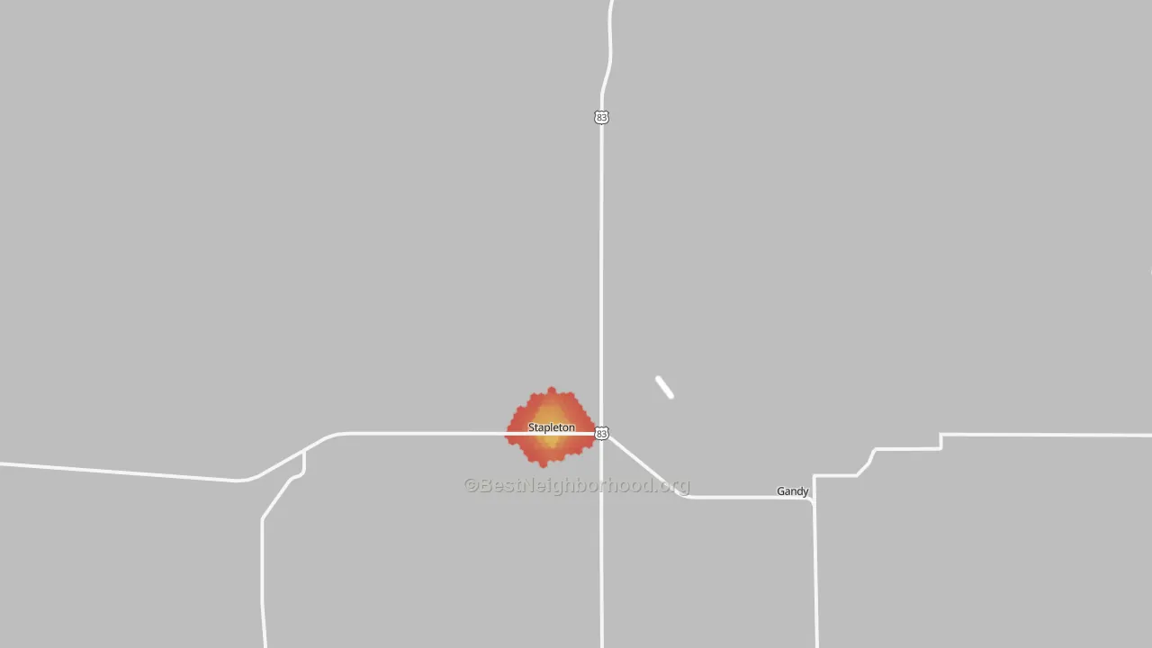 Walk Grade map of Logan County, NE, walkable areas in green and car-dependent areas in red