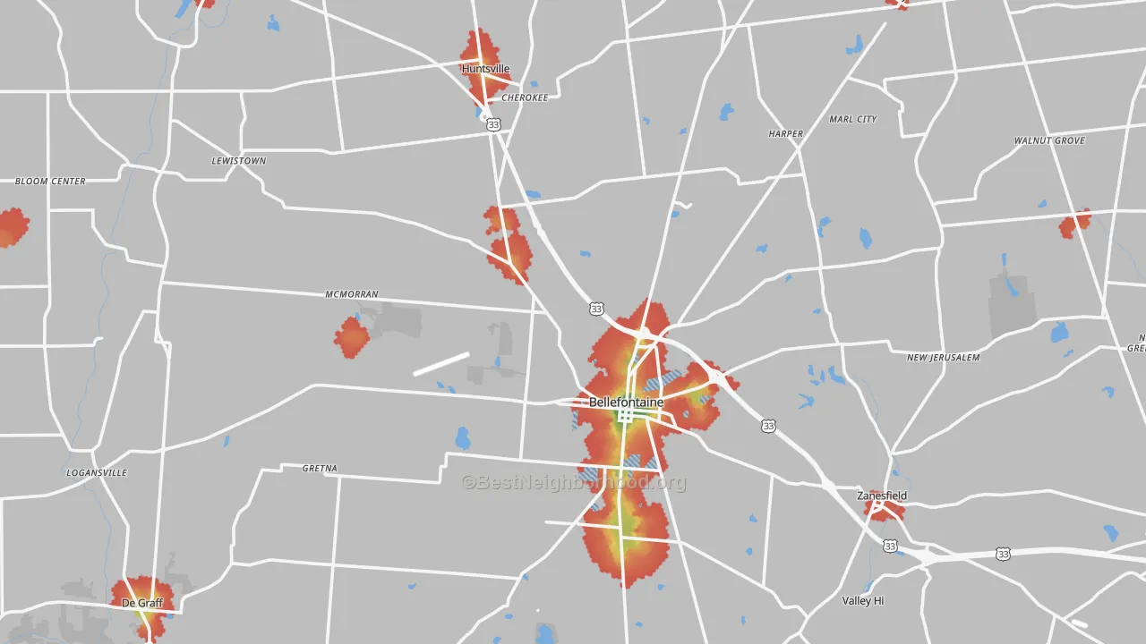 Walk Grade map of Logan County, OH, walkable areas in green and car-dependent areas in red