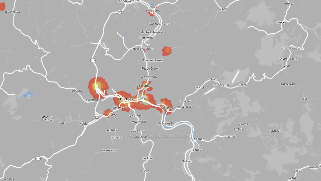 Walk Grade map of Logan County, WV, walkable areas in green and car-dependent areas in red