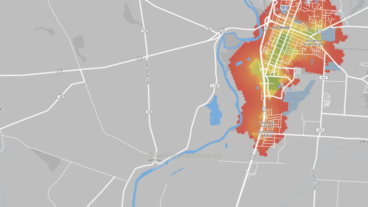 Walk Grade map of Logan Elm Village, OH, walkable areas in green and car-dependent areas in red