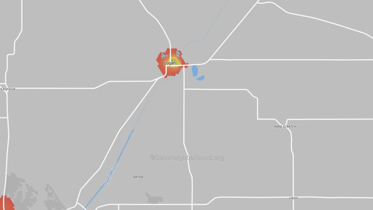 Walk Grade map of Logan, IA, walkable areas in green and car-dependent areas in red