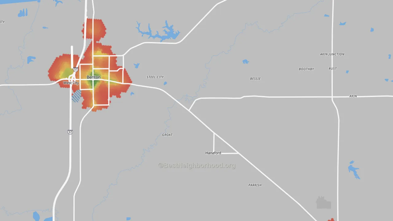 Walk Grade map of Logan, IL, walkable areas in green and car-dependent areas in red