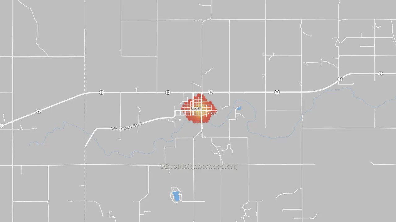 Walk Grade map of Logan, KS, walkable areas in green and car-dependent areas in red