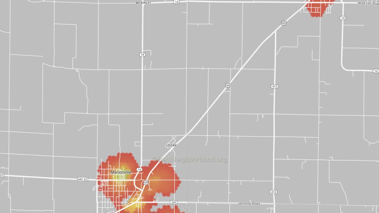 Walk Grade map of Logan, MO, walkable areas in green and car-dependent areas in red