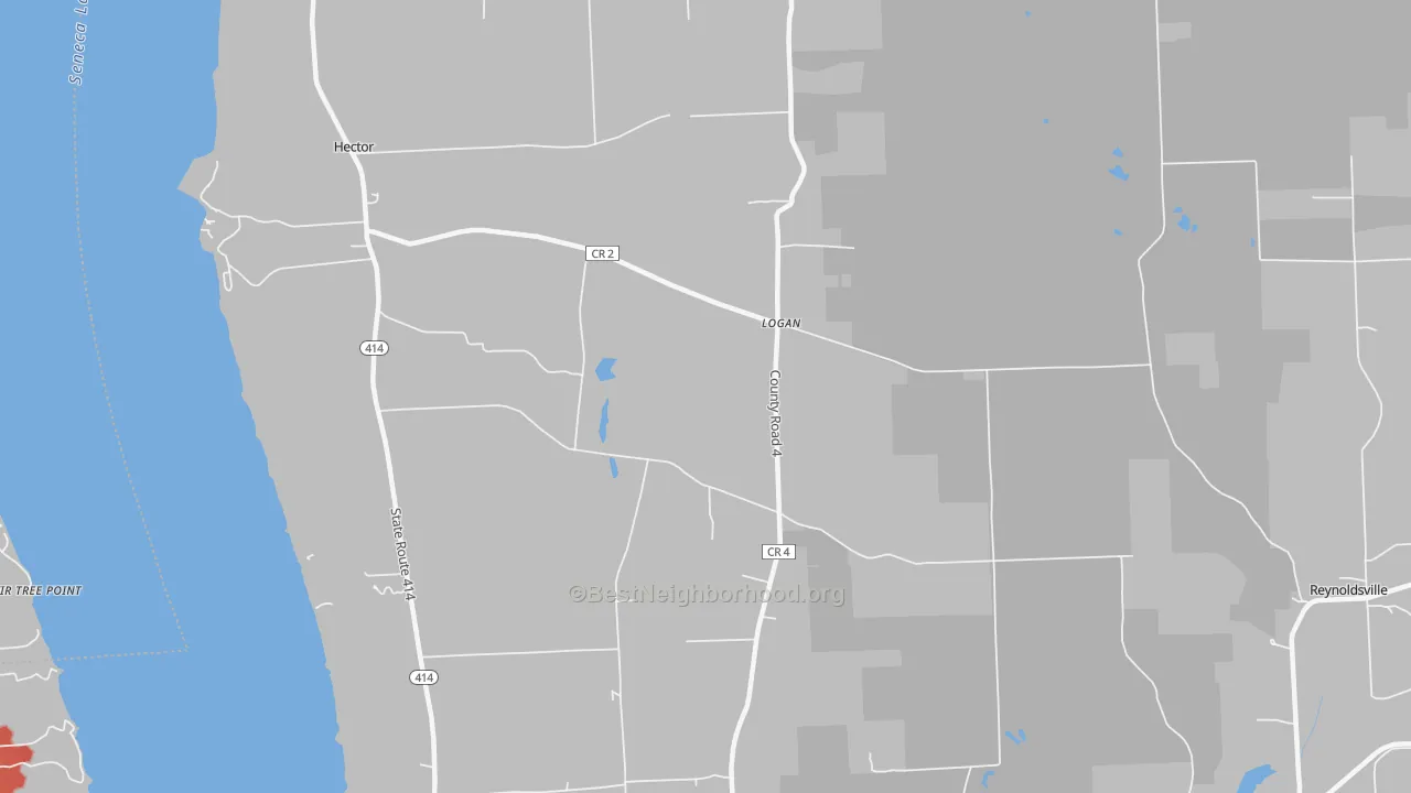 Walk Grade map of Logan, NY, walkable areas in green and car-dependent areas in red
