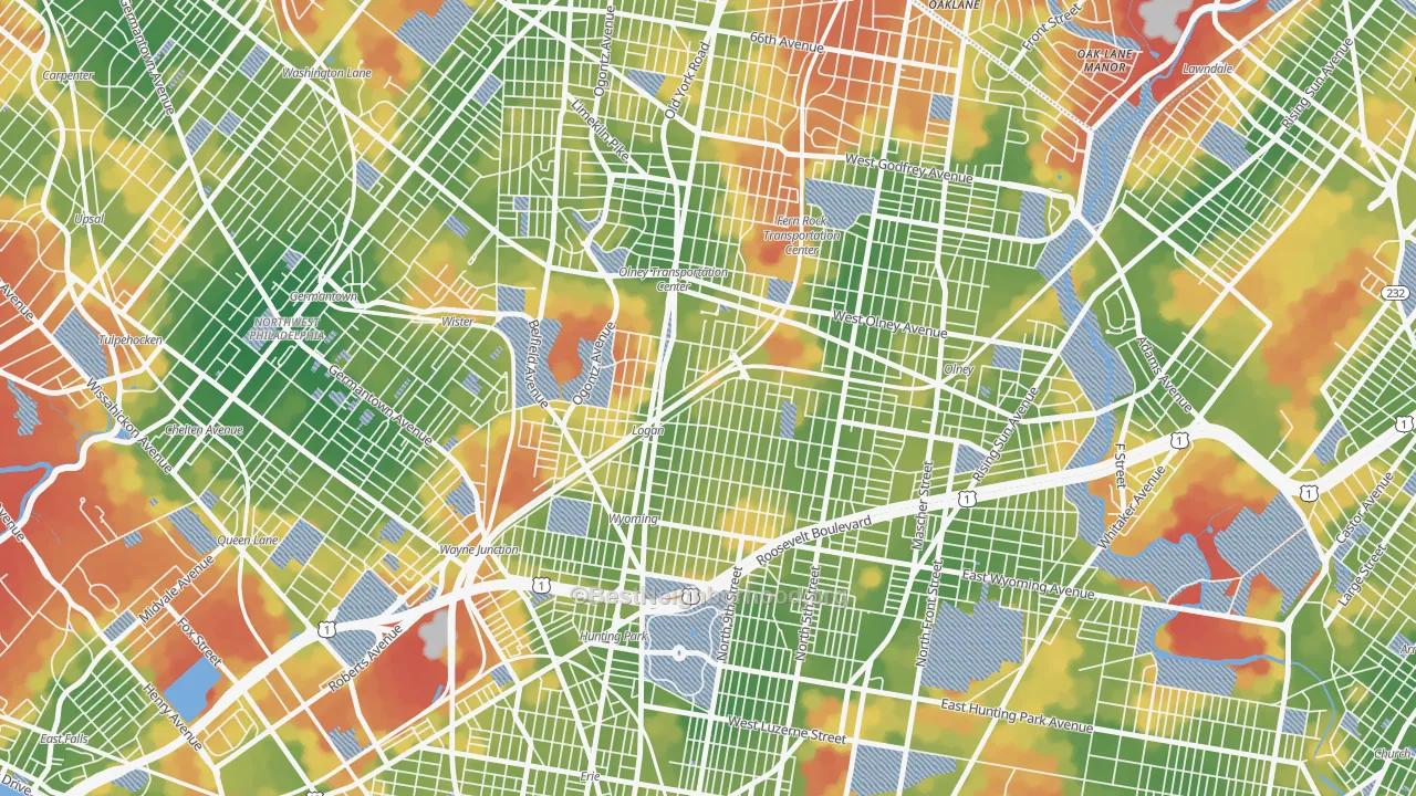 Walk Grade map of Logan-Ogontz-Fern Rock, Philadelphia, PA, walkable areas in green and car-dependent areas in red
