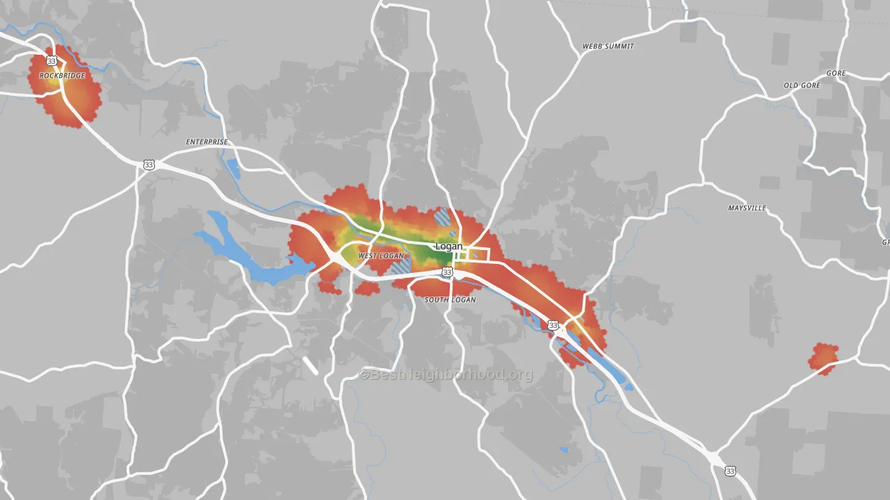 Walk Grade map of Logan, OH, walkable areas in green and car-dependent areas in red