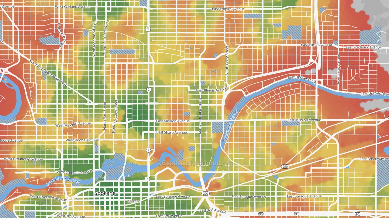 Walk Grade map of Logan, Spokane, WA, walkable areas in green and car-dependent areas in red