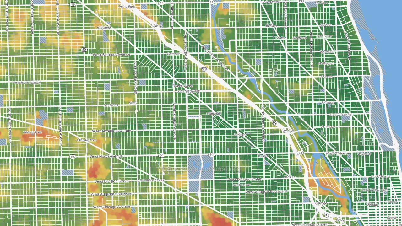 Walk Grade map of Logan Square, Chicago, IL, walkable areas in green and car-dependent areas in red