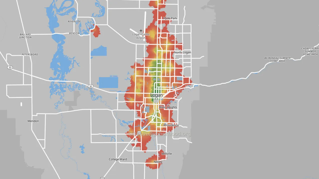 Walk Grade map of Logan, UT, walkable areas in green and car-dependent areas in red