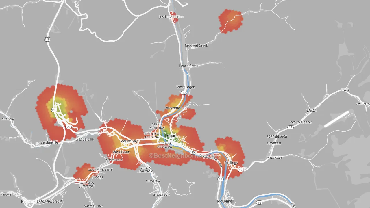 Walk Grade map of Logan, WV, walkable areas in green and car-dependent areas in red