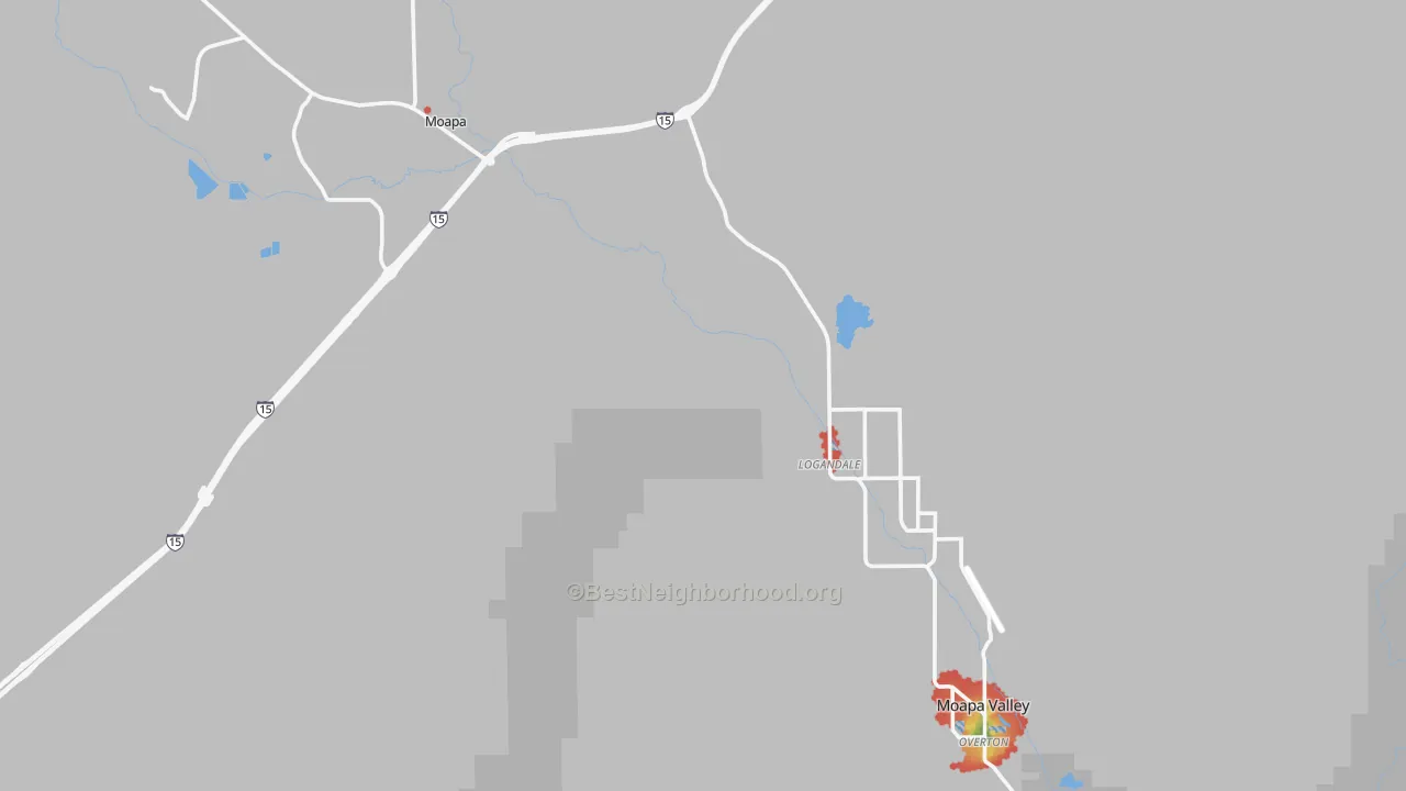 Walk Grade map of Logandale, NV, walkable areas in green and car-dependent areas in red
