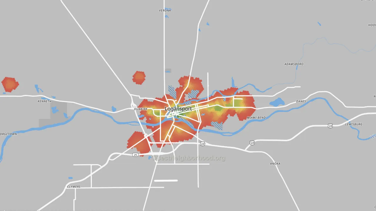 Walk Grade map of Logansport, IN, walkable areas in green and car-dependent areas in red