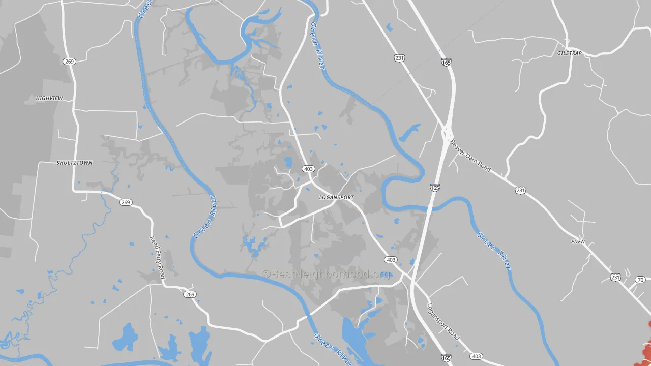 Walk Grade map of Logansport, KY, walkable areas in green and car-dependent areas in red