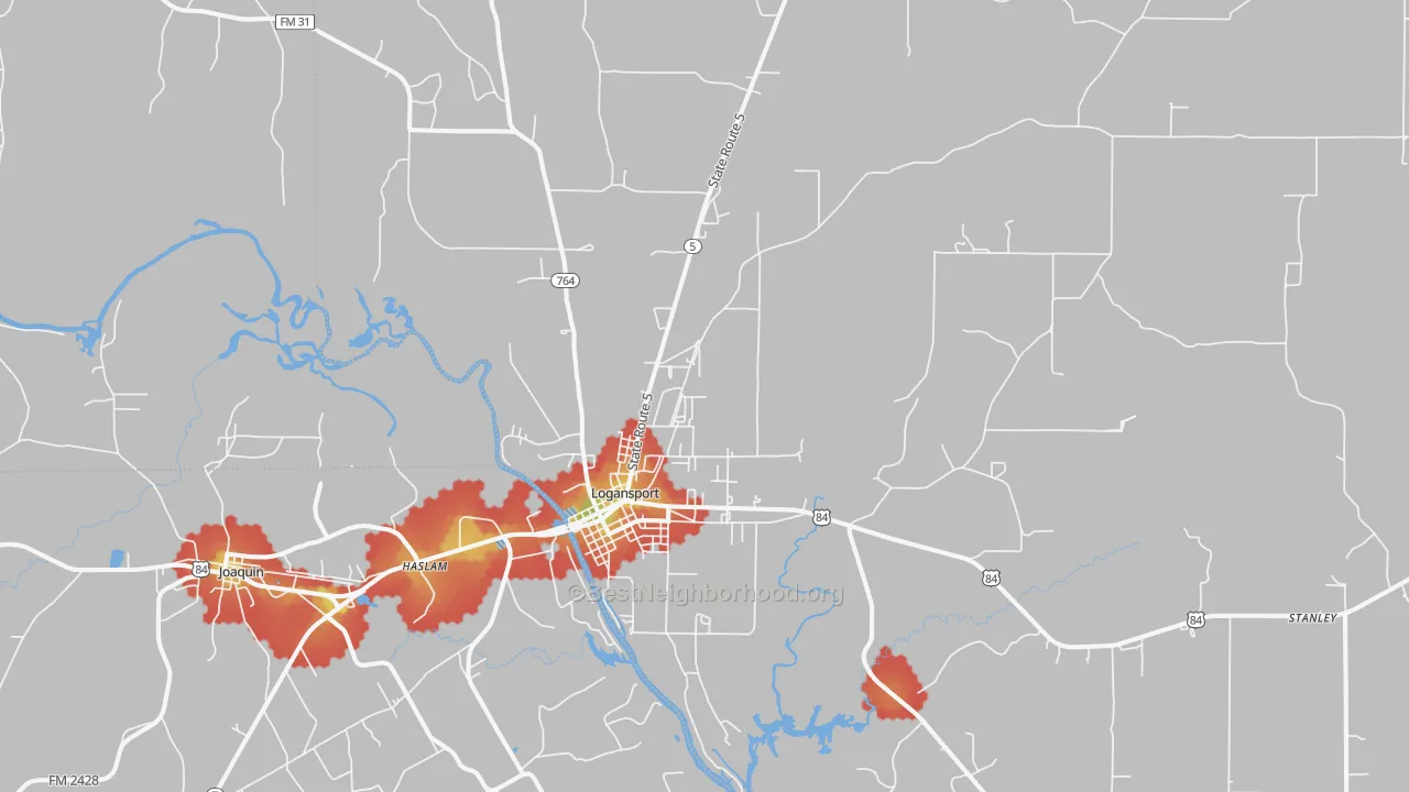 Walk Grade map of Logansport, LA, walkable areas in green and car-dependent areas in red