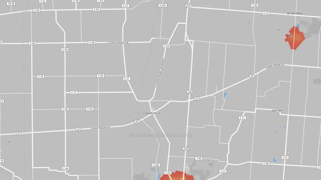 Walk Grade map of Logansville, OH, walkable areas in green and car-dependent areas in red